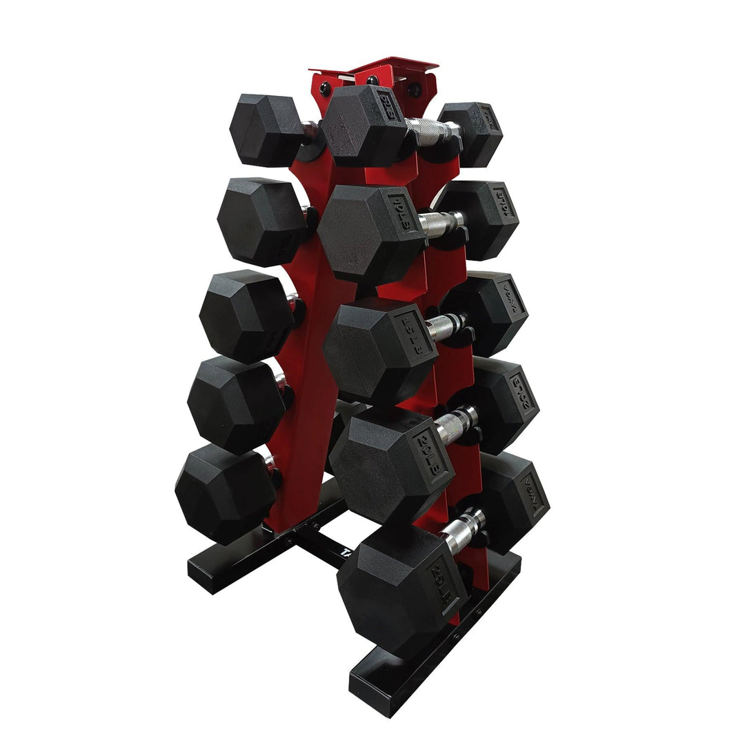 Set de mancuernas hexagonales PVC 5 pares de 5, 10, 15, 20 y 25 lb. con rack rojo - Tayga