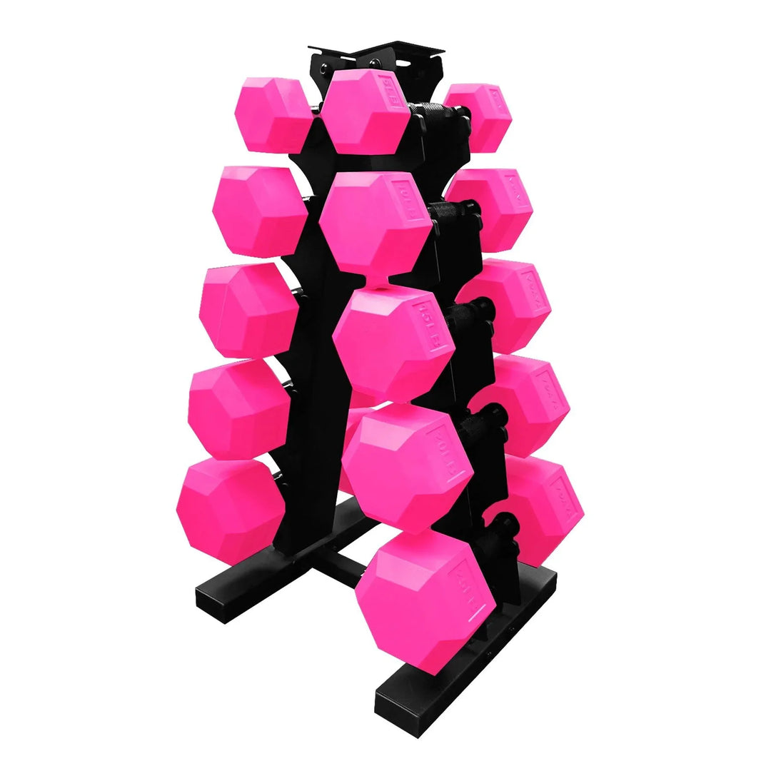 Set de 5 pares mancuenas rosas 5,10, 15, 20 y 25 lb con rack negro - Tayga