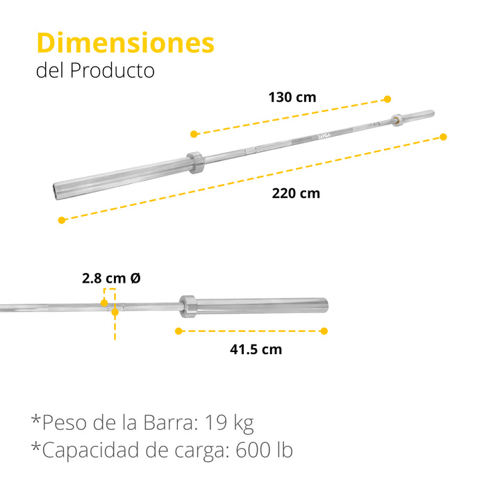 Barra olimpica 2.20 Mts Cromada, 600 lb. 20 kg.