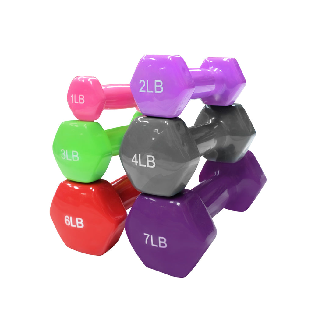 Mancuernas hexagonales vinílicas de colores y diferentes pesos para entrenamiento fitness