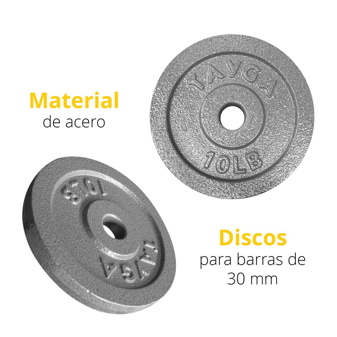 Dos discos acero plateados 10 lb c/u,30mm diam.1 caja