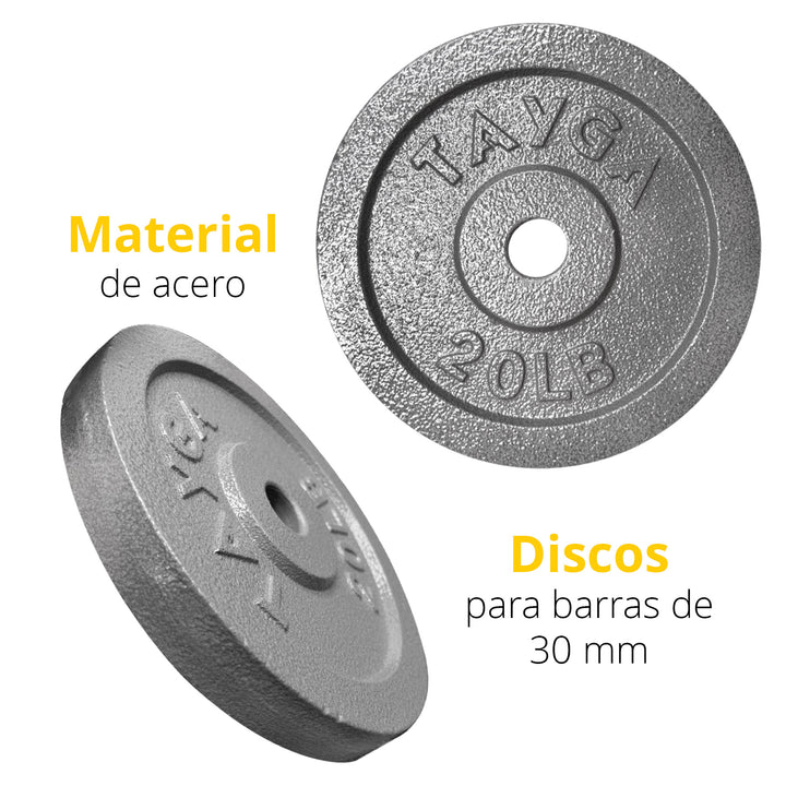 Dos discos acero plateados 20 lb c/u,30mm diam.1 caja