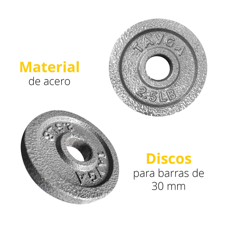 Dos discos acero plateados 2.5 lb c/u,30mm diam.1 caja