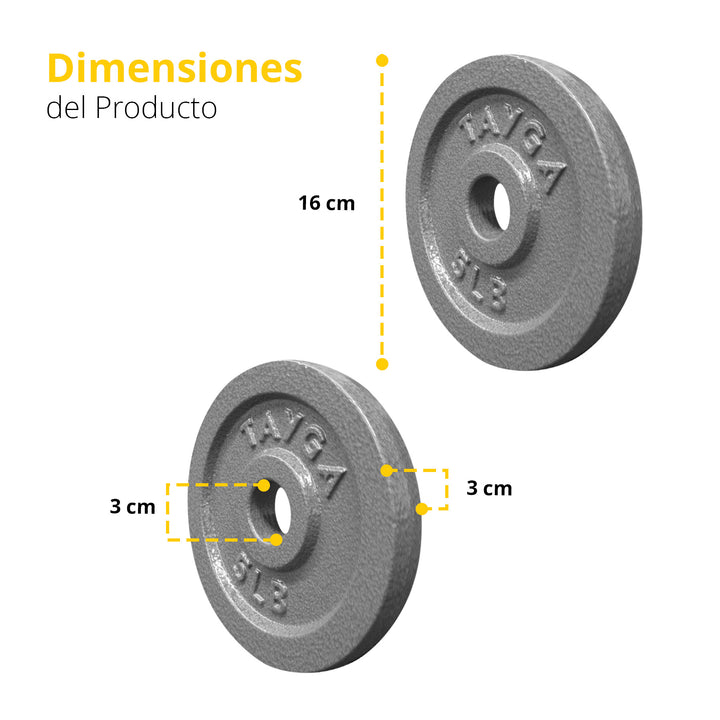 Dos discos acero plateados 5 lb c/u,30mm diam.1 caja