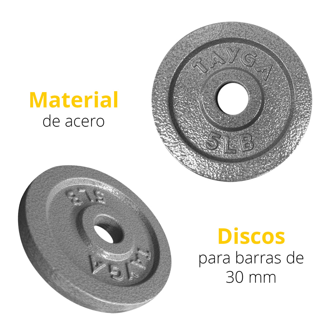 Dos discos acero plateados 5 lb c/u,30mm diam.1 caja