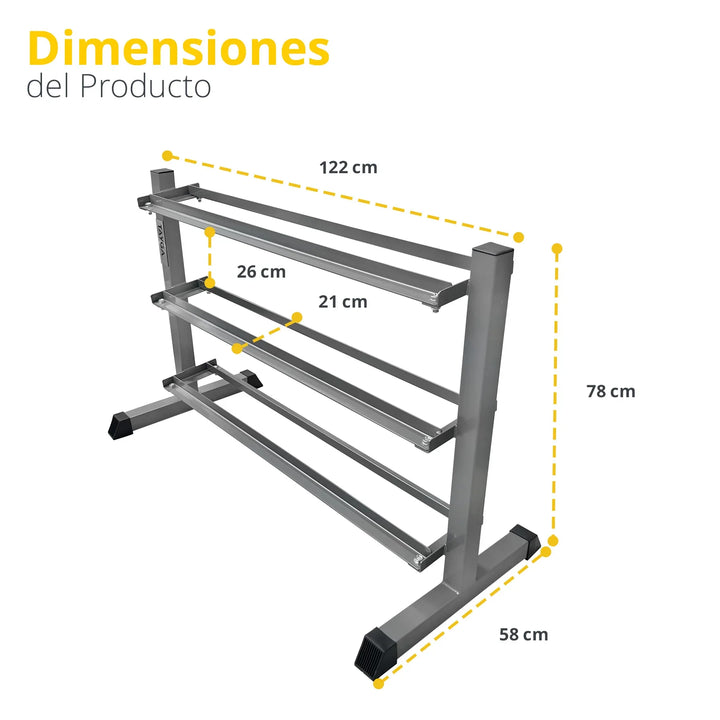 Rack para 10 pares mancuernas, 3 estantes, 120x50x78