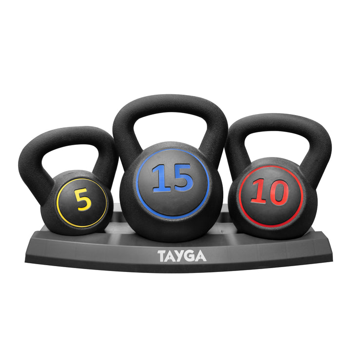 Set de pesas rusas Tayga de 5, 10 y 15 kg sobre base, colores amarillo, rojo y azul