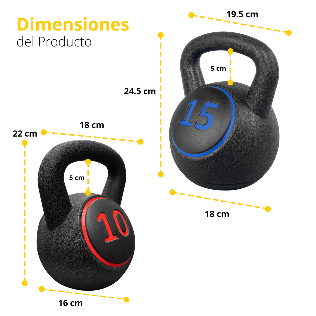 Kettlebells negras de 10 kg y 15 kg con dimensiones, marcas rojas y azules para entrenamiento