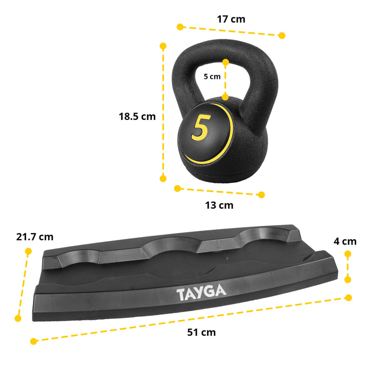 Kettlebell negra de 5 kg con soporte Tayga, medidas y dimensiones indicadas en centímetros.