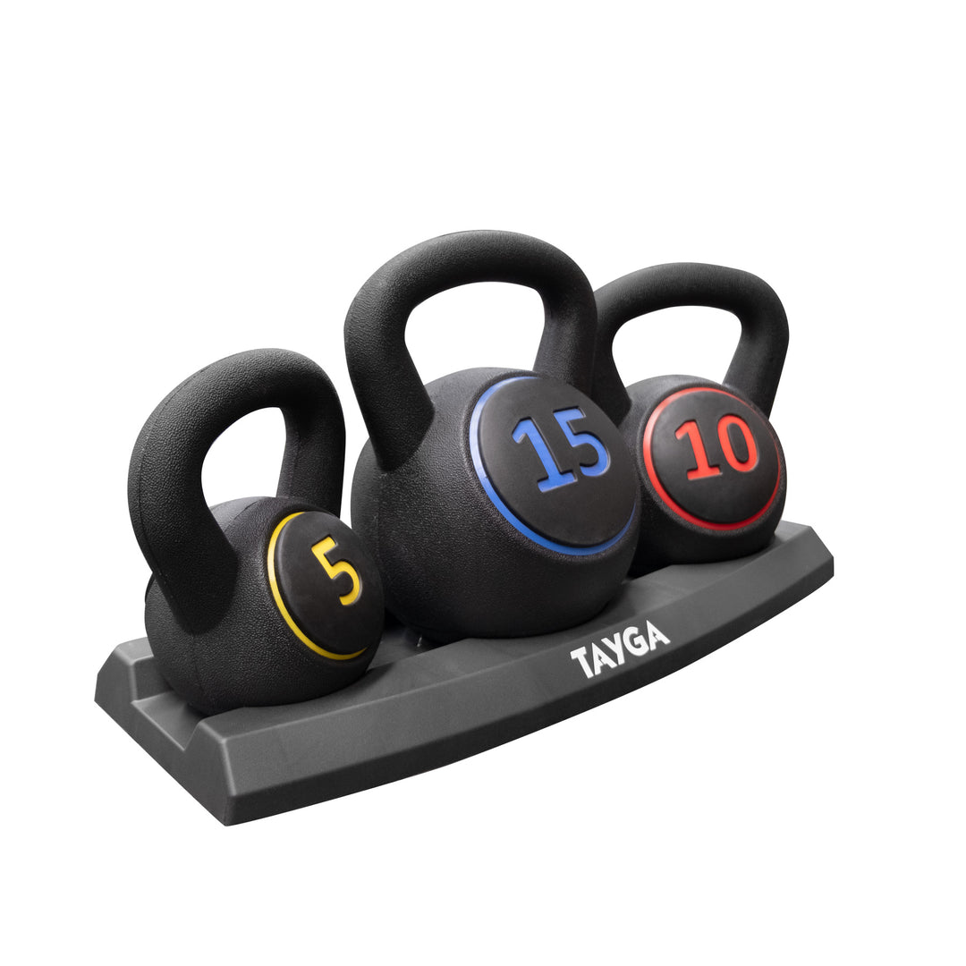 Set de pesas rusas Tayga de 5, 10 y 15 kg en soporte negro, para entrenamiento fitness