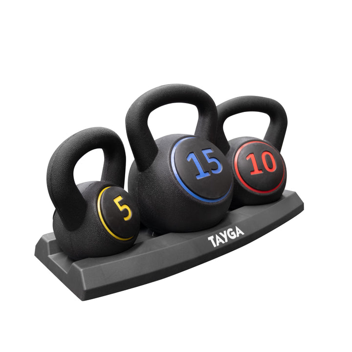 Set de pesas rusas Tayga de 5, 10 y 15 kg en soporte negro, para entrenamiento fitness