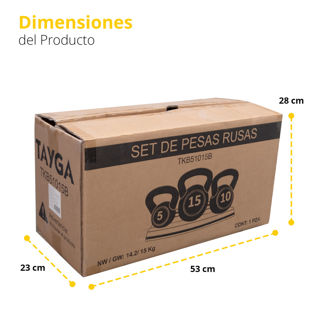 Caja de set de pesas rusas Tayga TKB51015B con dimensiones 53x23x28 cm