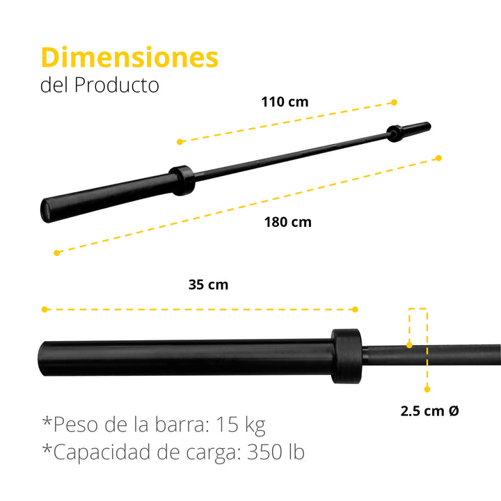 Barra semiolímpica negra, buje de bronce 1.81m con seguros