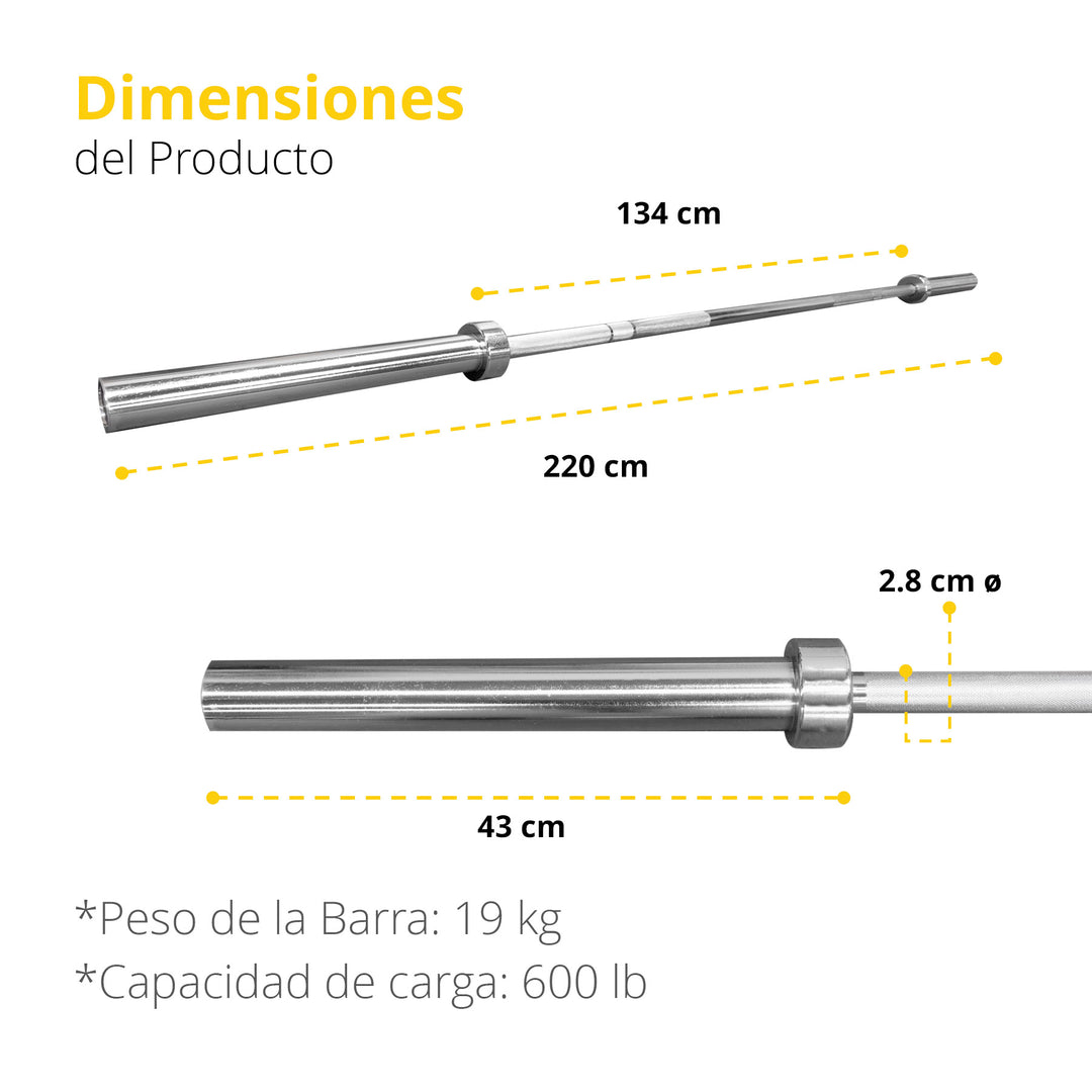 Barra olímpica cromada, buje de bronce 2.20m con seguros