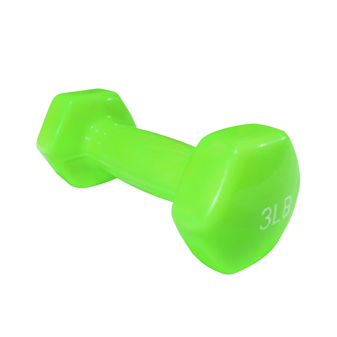 Mancuerna verde de vinilo peso 3LB para entrenamiento fitness sobre fondo blanco