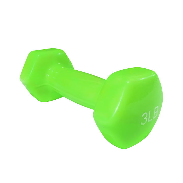 Mancuerna verde de vinilo peso 3LB para entrenamiento fitness sobre fondo blanco