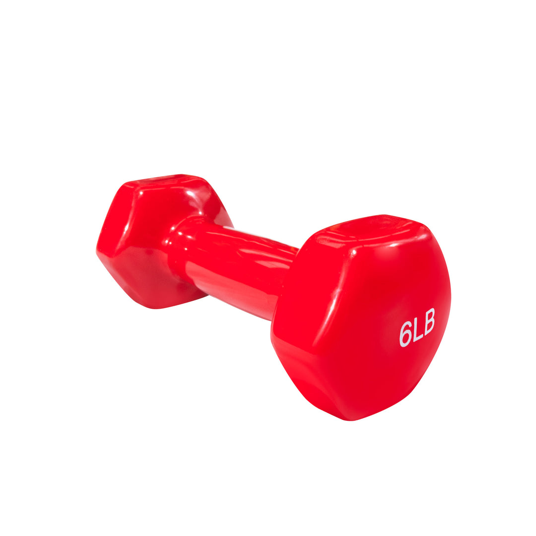 Mancuerna hexagonal roja de 6 libras, equipo de gimnasio, fondo blanco