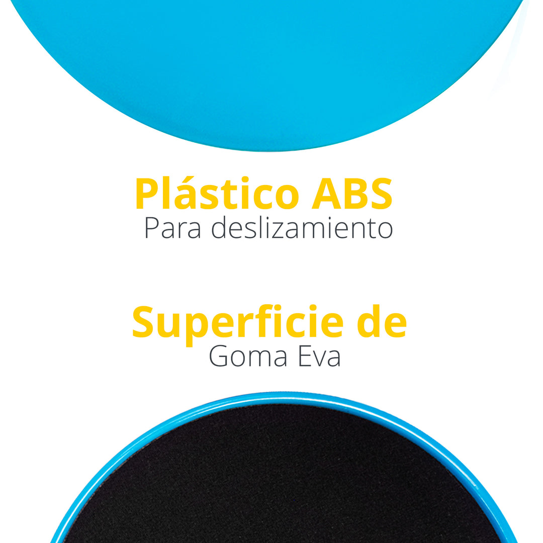 Disco deslizante azul con superficie de goma eva y base de plástico ABS, texto descriptivo