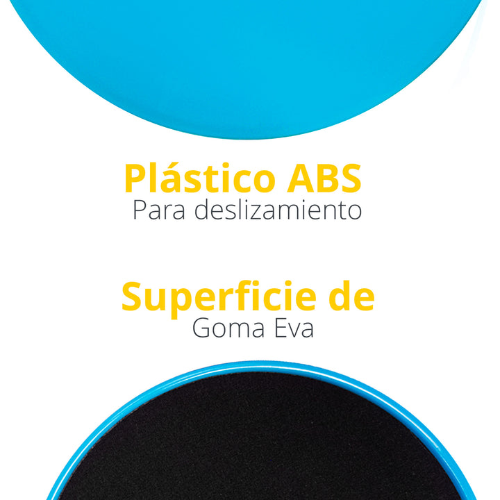 Disco deslizante azul con superficie de goma eva y base de plástico ABS, texto descriptivo