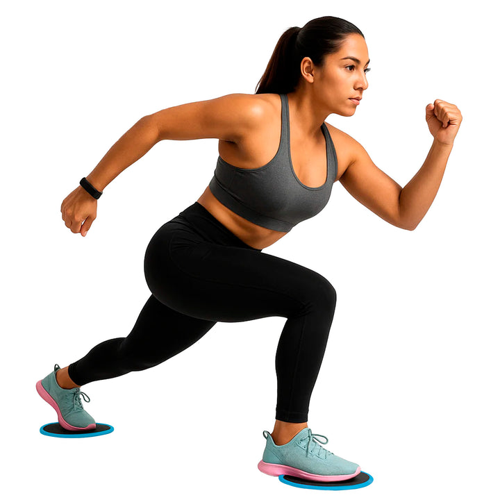 Mujer haciendo ejercicio con discos deslizantes, ropa deportiva y fondo blanco