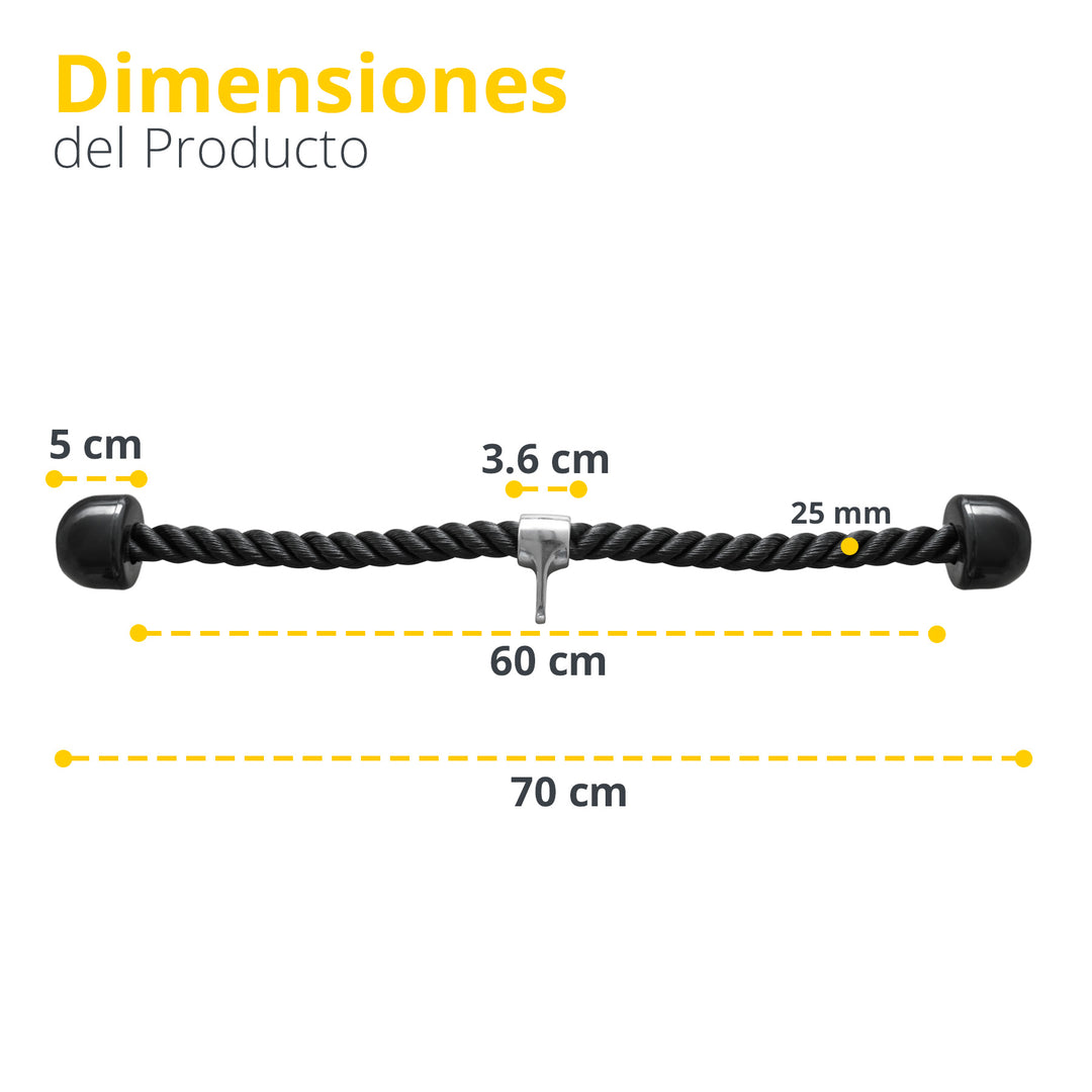 Cuerda de gimnasio negra con topes y medidas, accesorio para entrenamiento de fuerza, 70 cm.