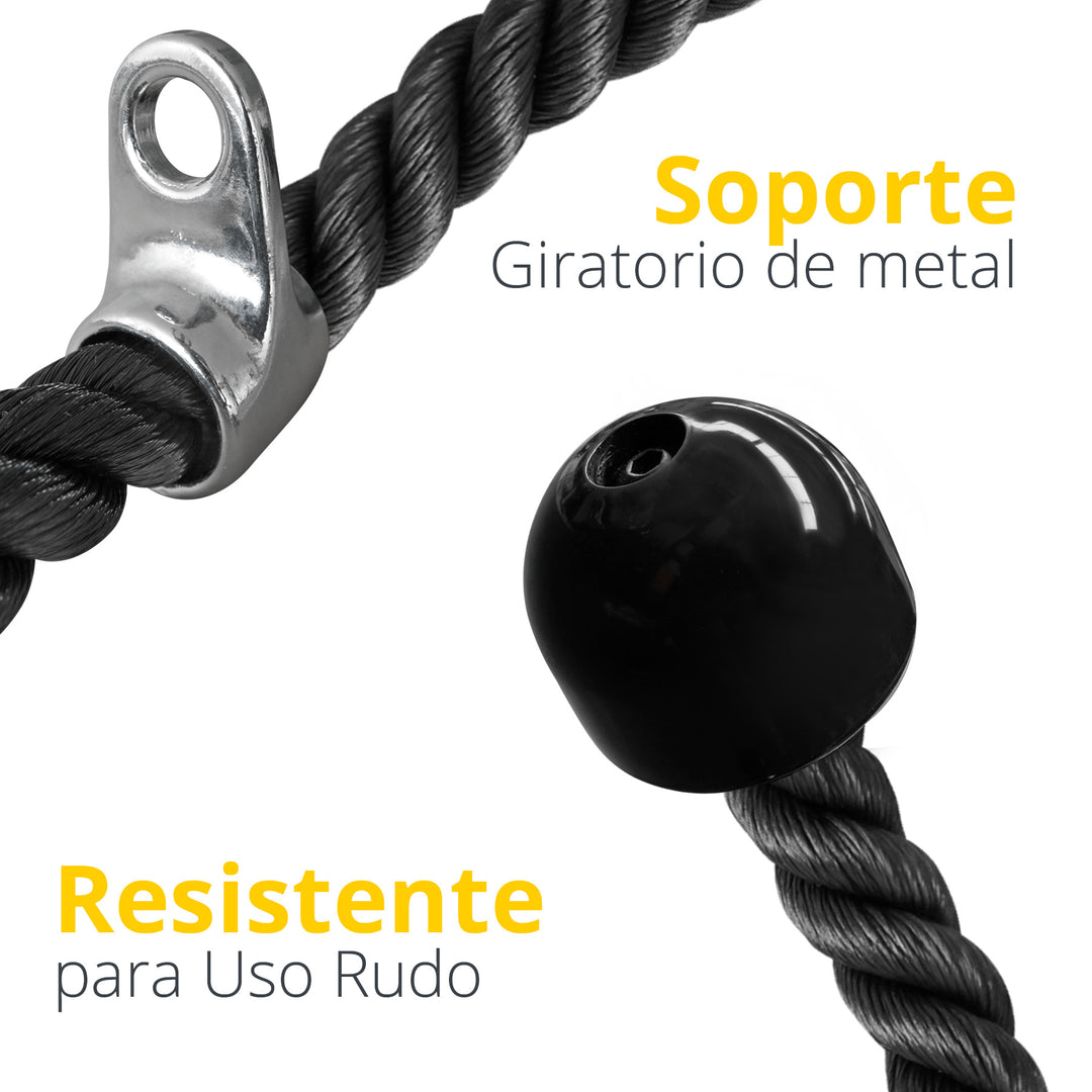 Cuerda de gimnasio negra con soporte giratorio de metal, resistente para uso rudo