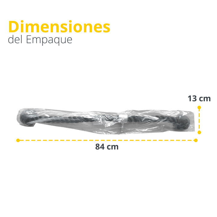 Cuerda de gimnasio empaquetada, dimensiones 84 cm x 13 cm, fondo blanco, fitness.