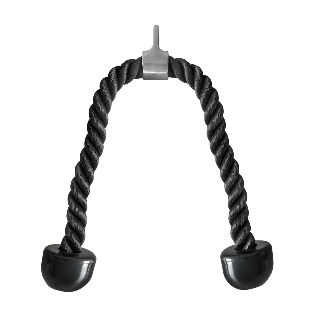 Cuerda de triceps negra para gimnasio con topes de goma y enganche metálico, fondo blanco