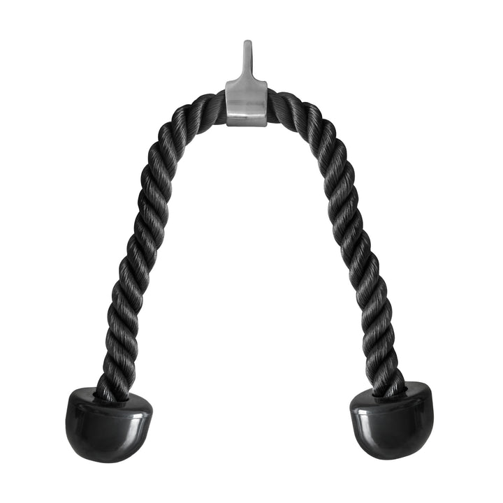 Cuerda de triceps negra para gimnasio con topes de goma y enganche metálico, fondo blanco