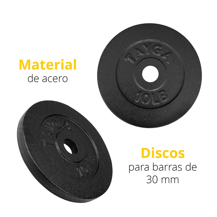 Dos discos acero negro 10 lb c/u,30mm diam.1 caja