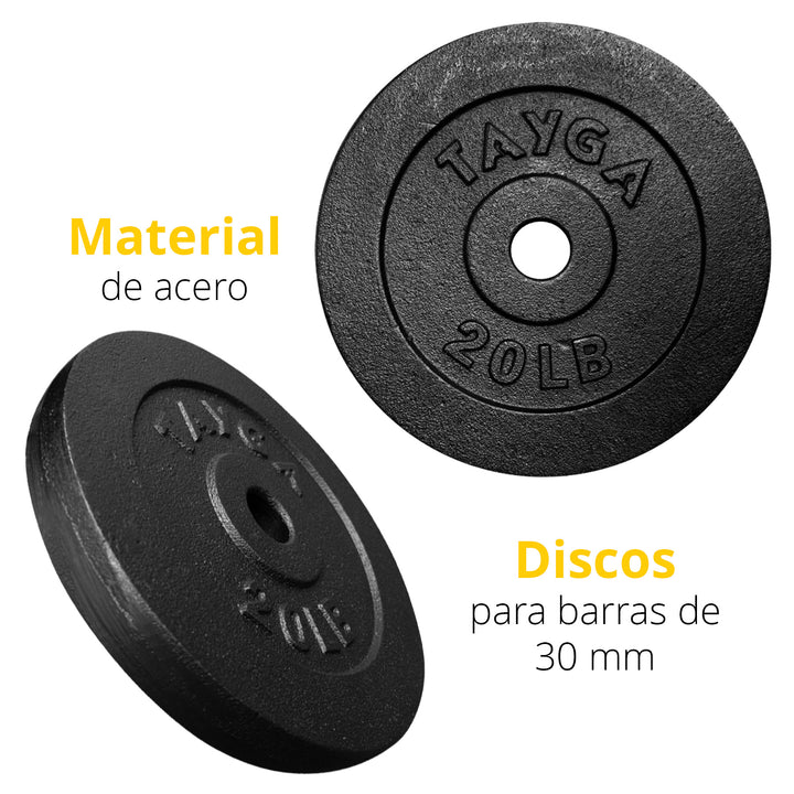 Dos discos acero negro 20 lb c/u,30mm diam.1 caja