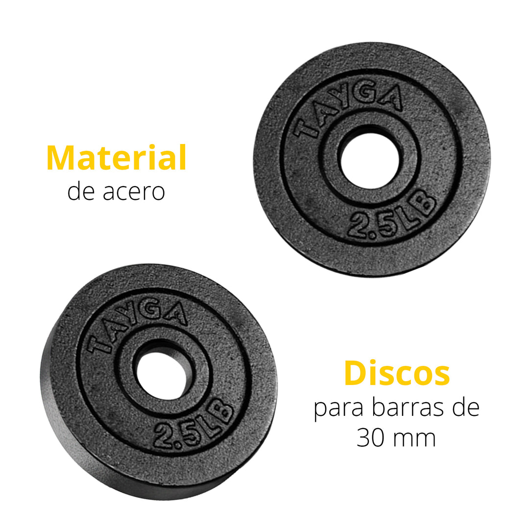 Dos discos acero negro 2.5 lb c/u,30mm diam.1 caja