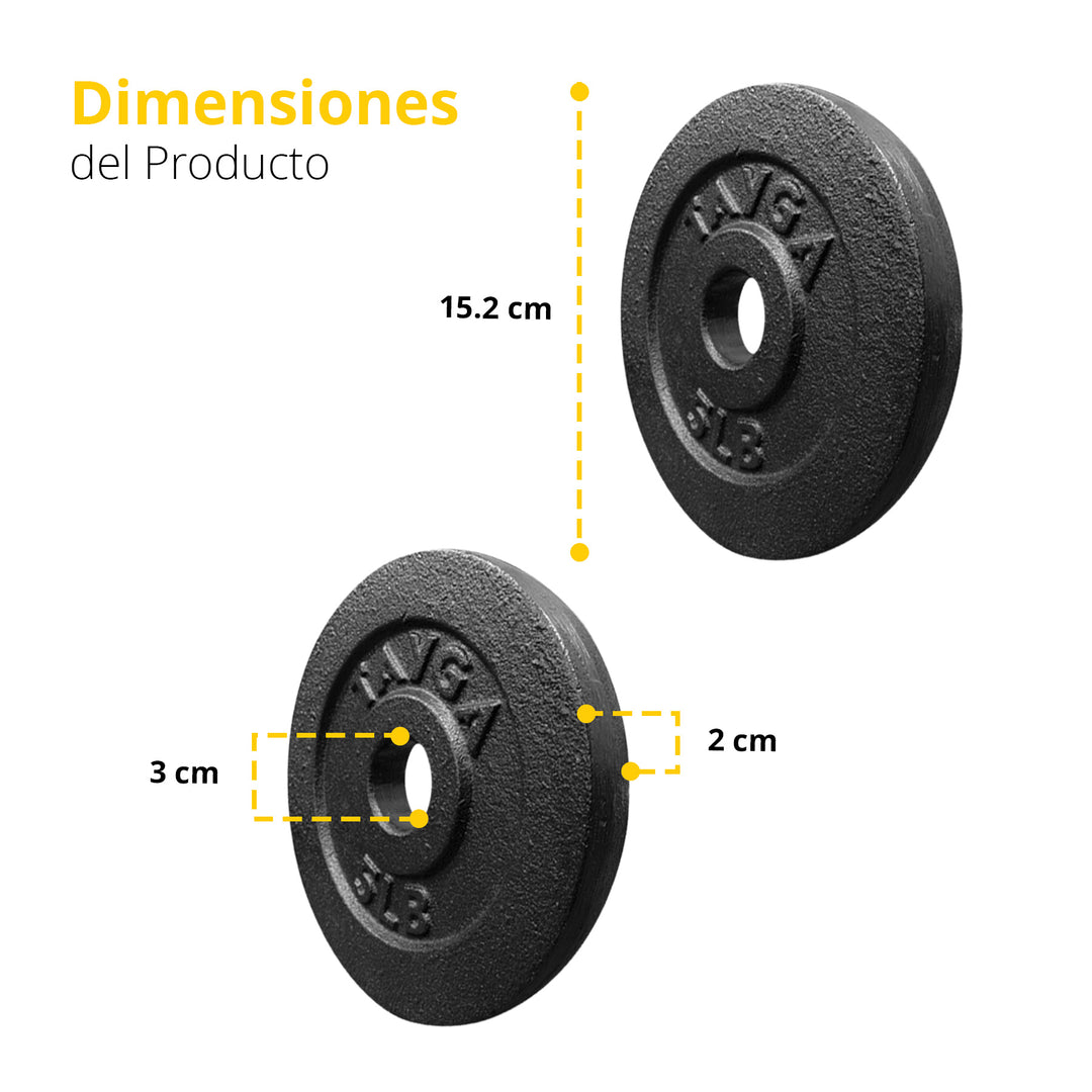 Dos discos acero negro 5 lb c/u,30mm diam.1 caja