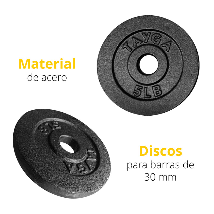 Dos discos acero negro 5 lb c/u,30mm diam.1 caja