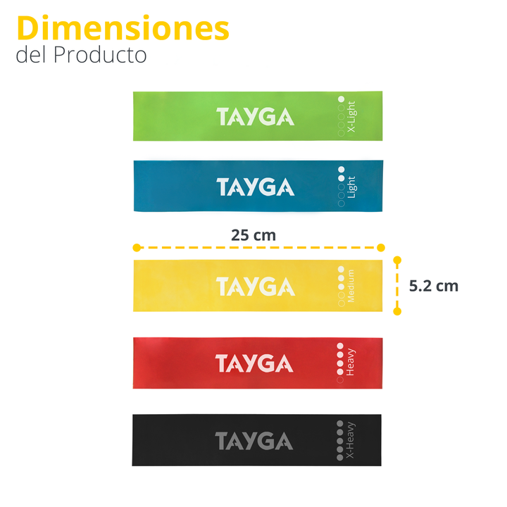 Set Tayga 5 Mini Bands de 5x25cm de 0.5, 0.9, 1.2, 1.6 y 2.0 mm