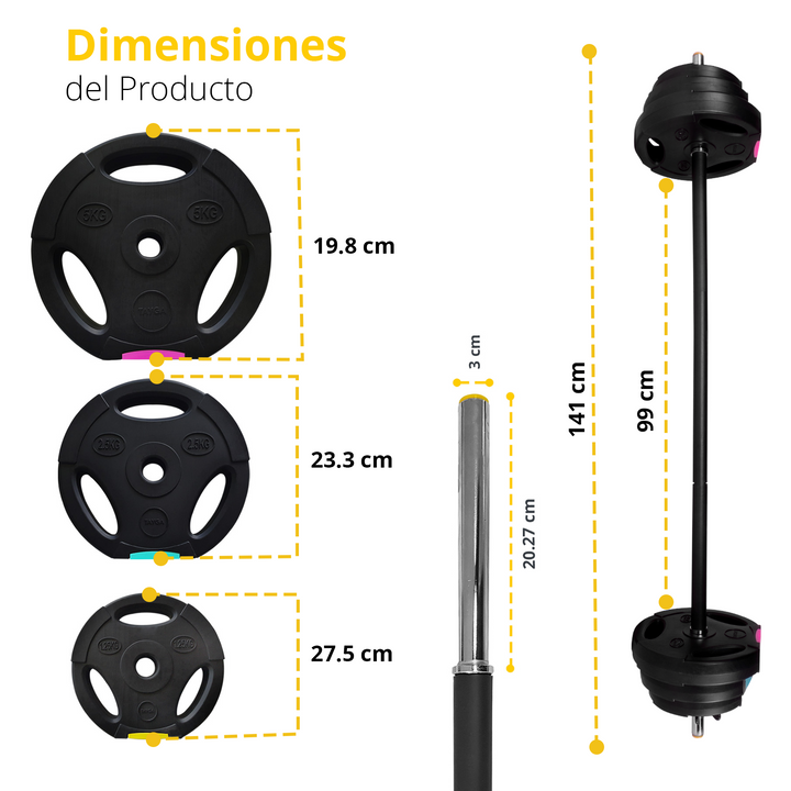Discos y barra de pesas con medidas, equipo de entrenamiento, dimensiones detalladas.