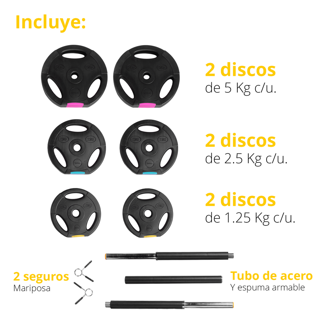 Set de pesas con discos de 5 kg, 2.5 kg, 1.25 kg, barra de acero y seguros mariposa.