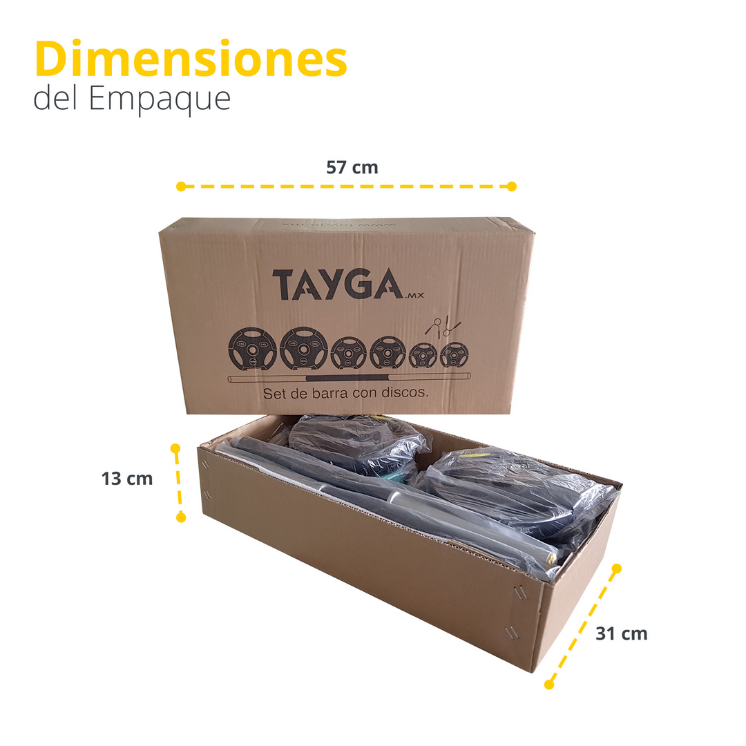 Caja de set de barra con discos TAYGA dimensiones 57x31x13 cm empaque