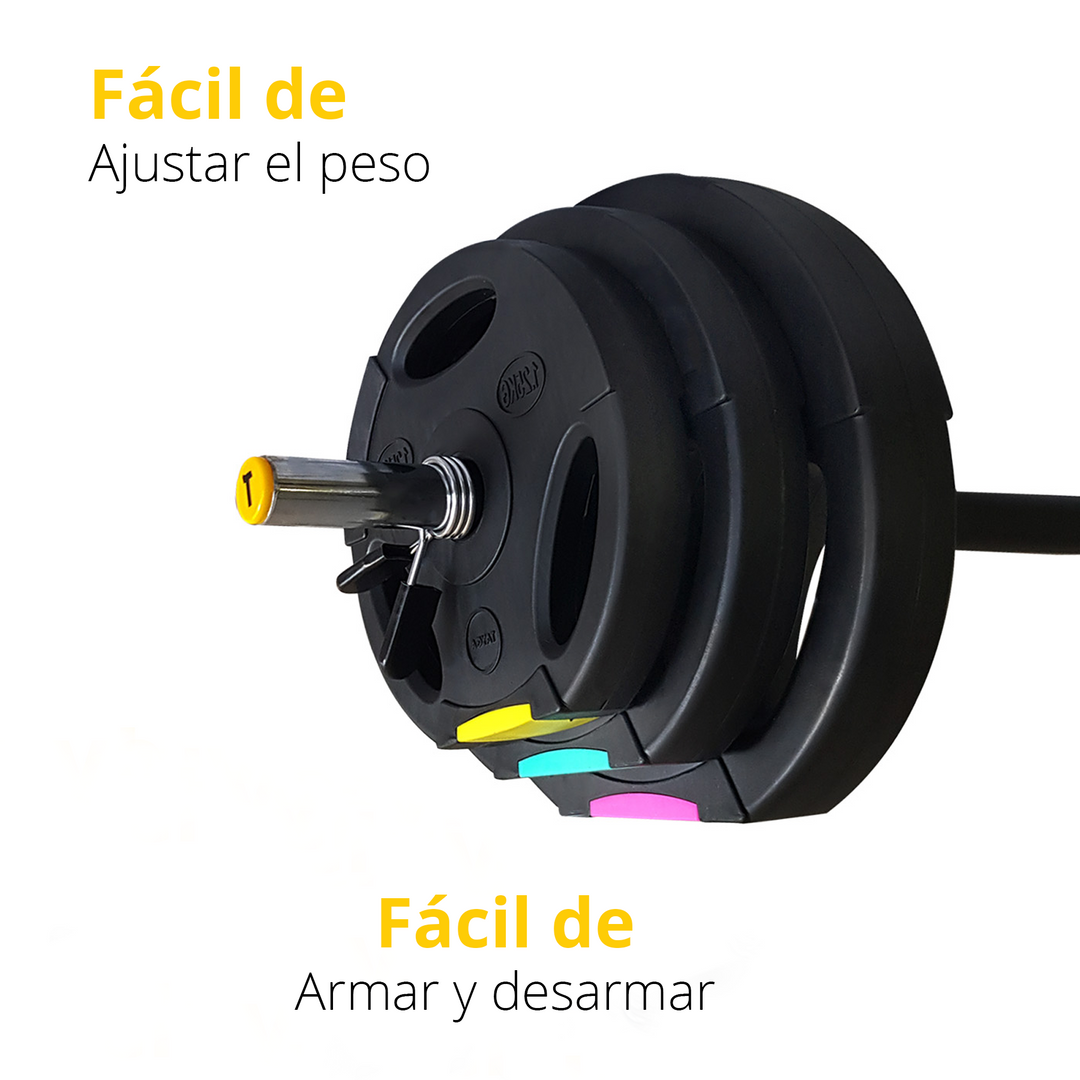 Disco de pesas ajustable negro con colores y texto fácil de armar, desarmar y ajustar peso