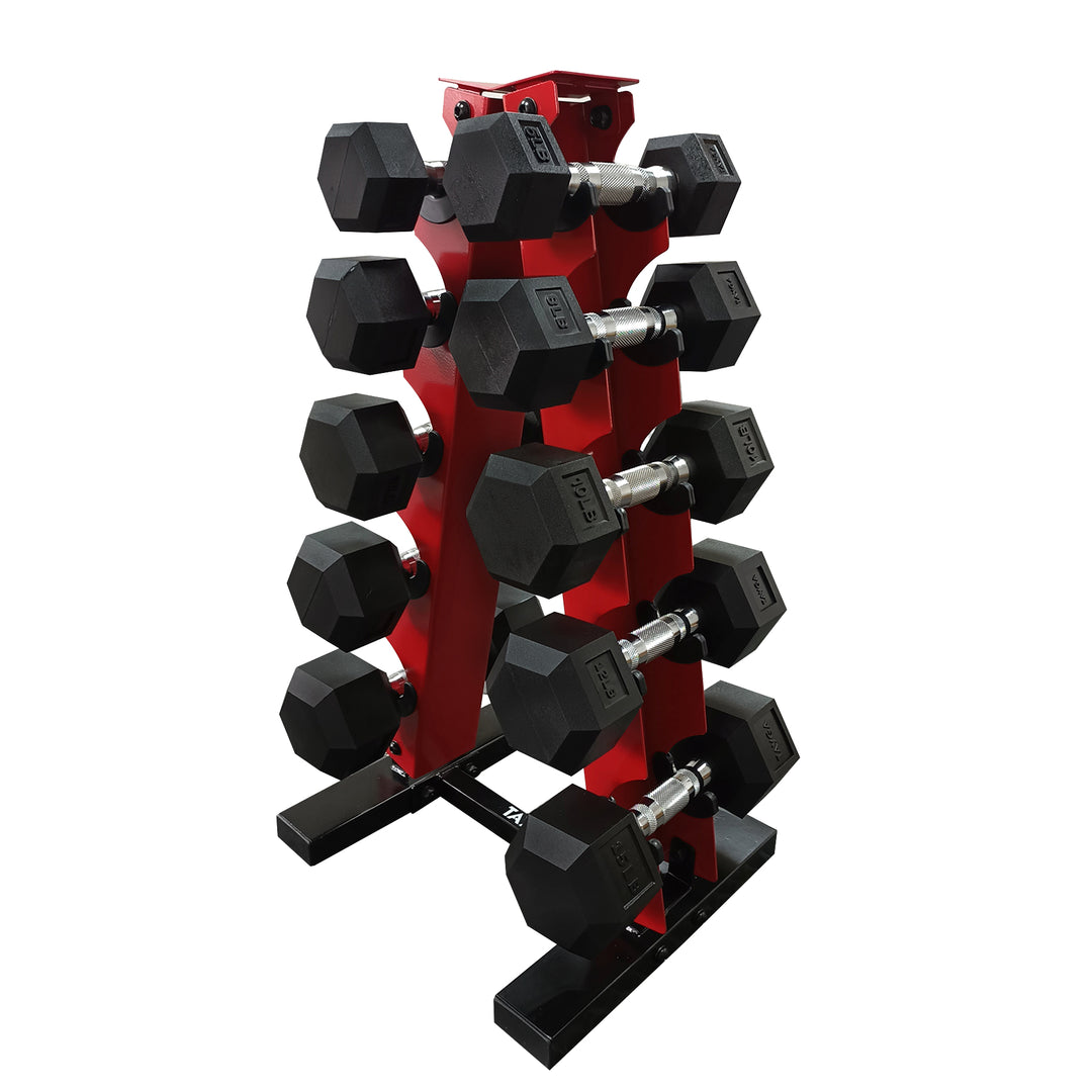 Set de 5 pares mancuenas hexagonales PVC 5, 8, 10, 12 y 15 lb con rack rojo