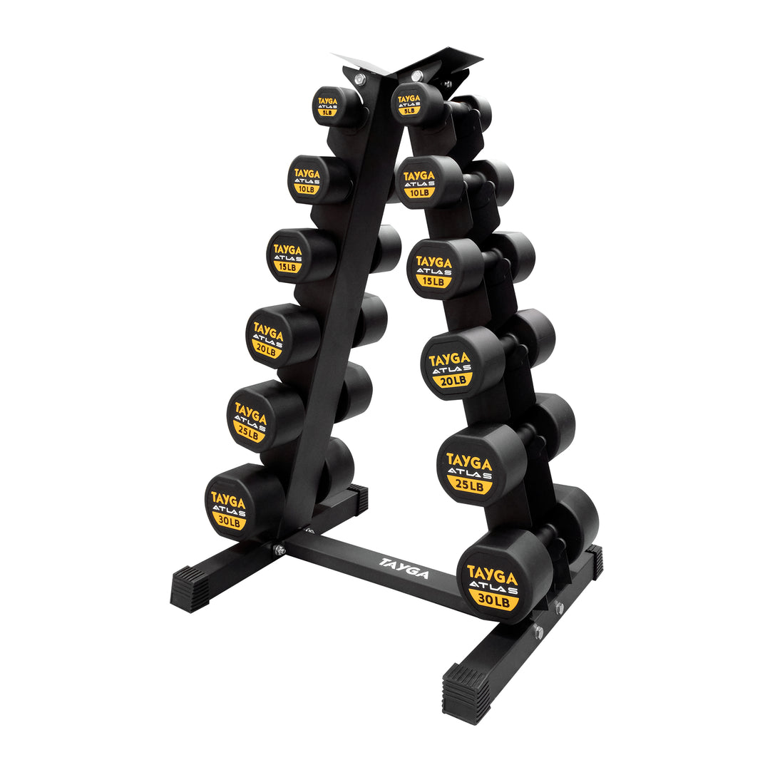 SET DE RACK CON 6 PARES DE MANCUERNAS ATLAS DE 5 A 30 LB