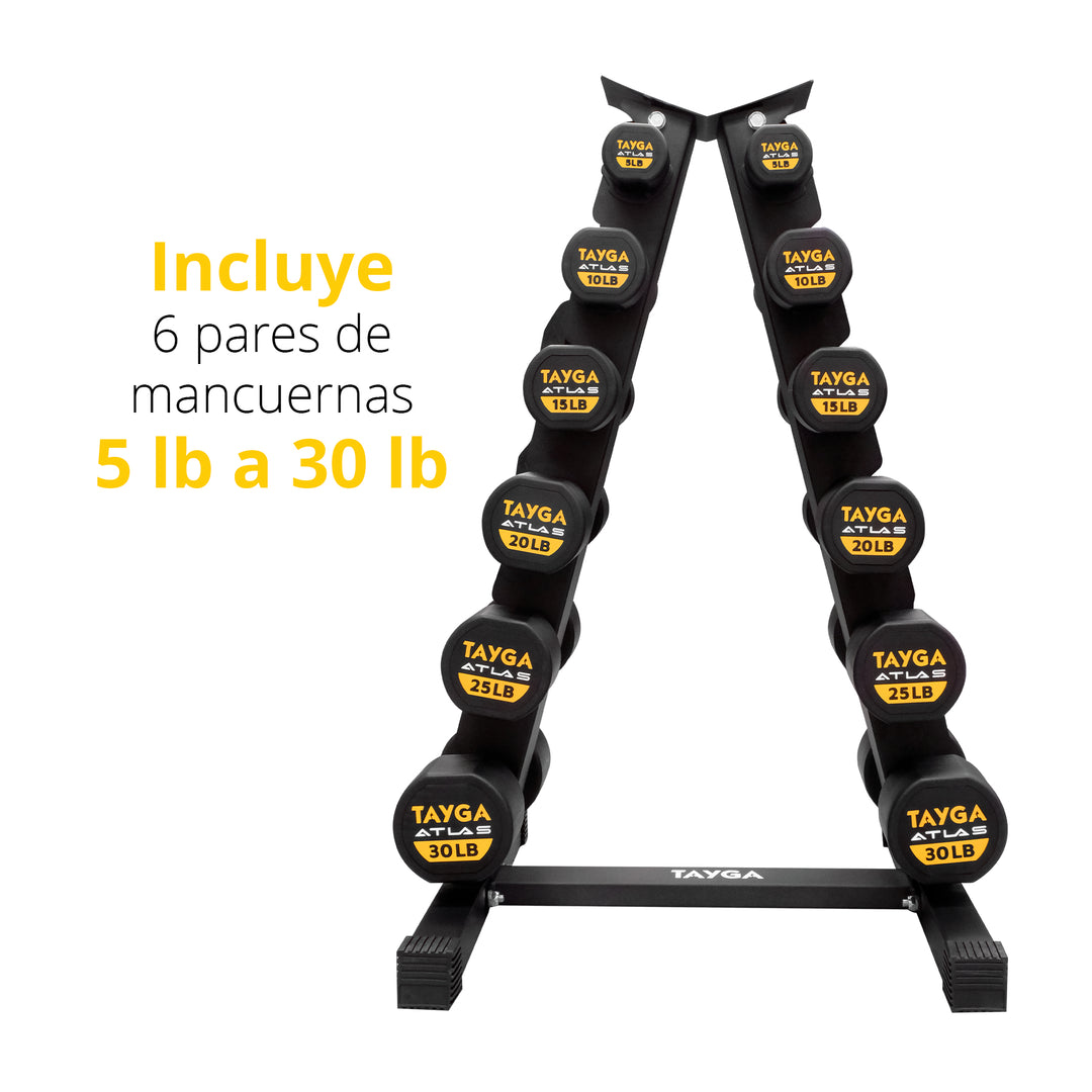 SET DE RACK CON 6 PARES DE MANCUERNAS ATLAS DE 5 A 30 LB