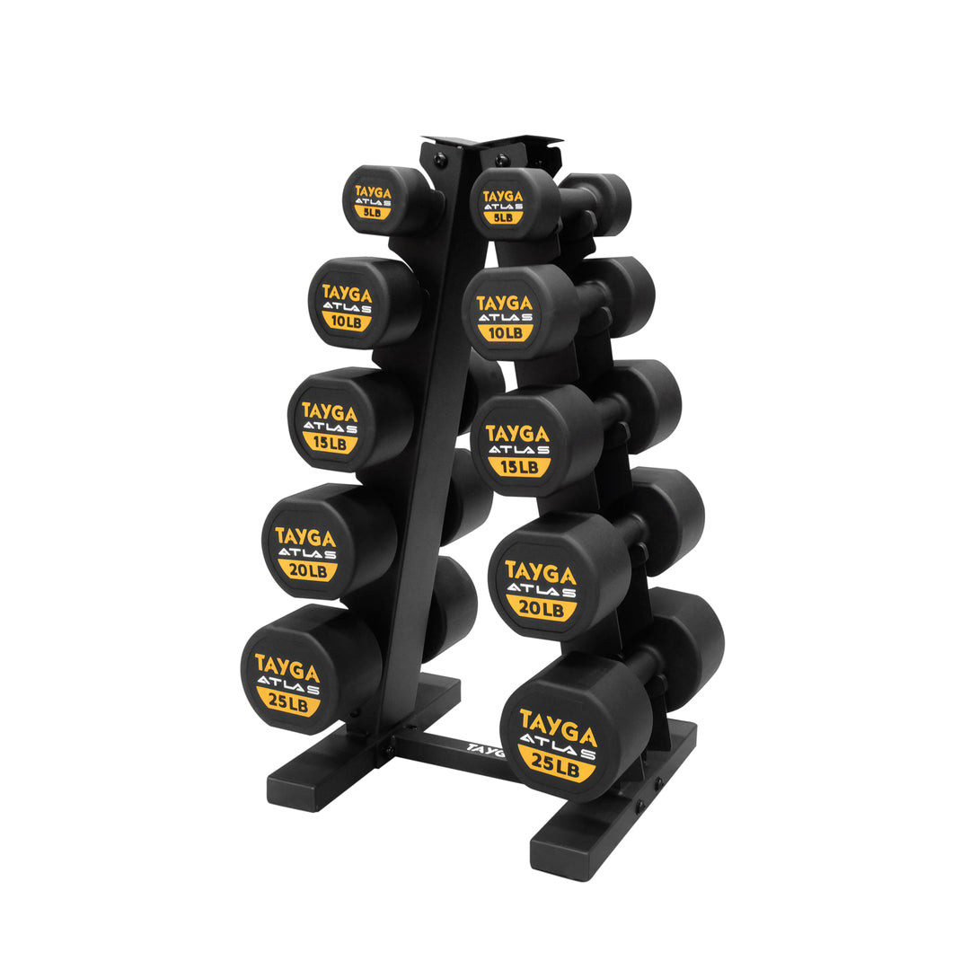 SET DE RACK CON 5 PARES DE MANCUERNAS ATLAS DE 5 A 25 LB