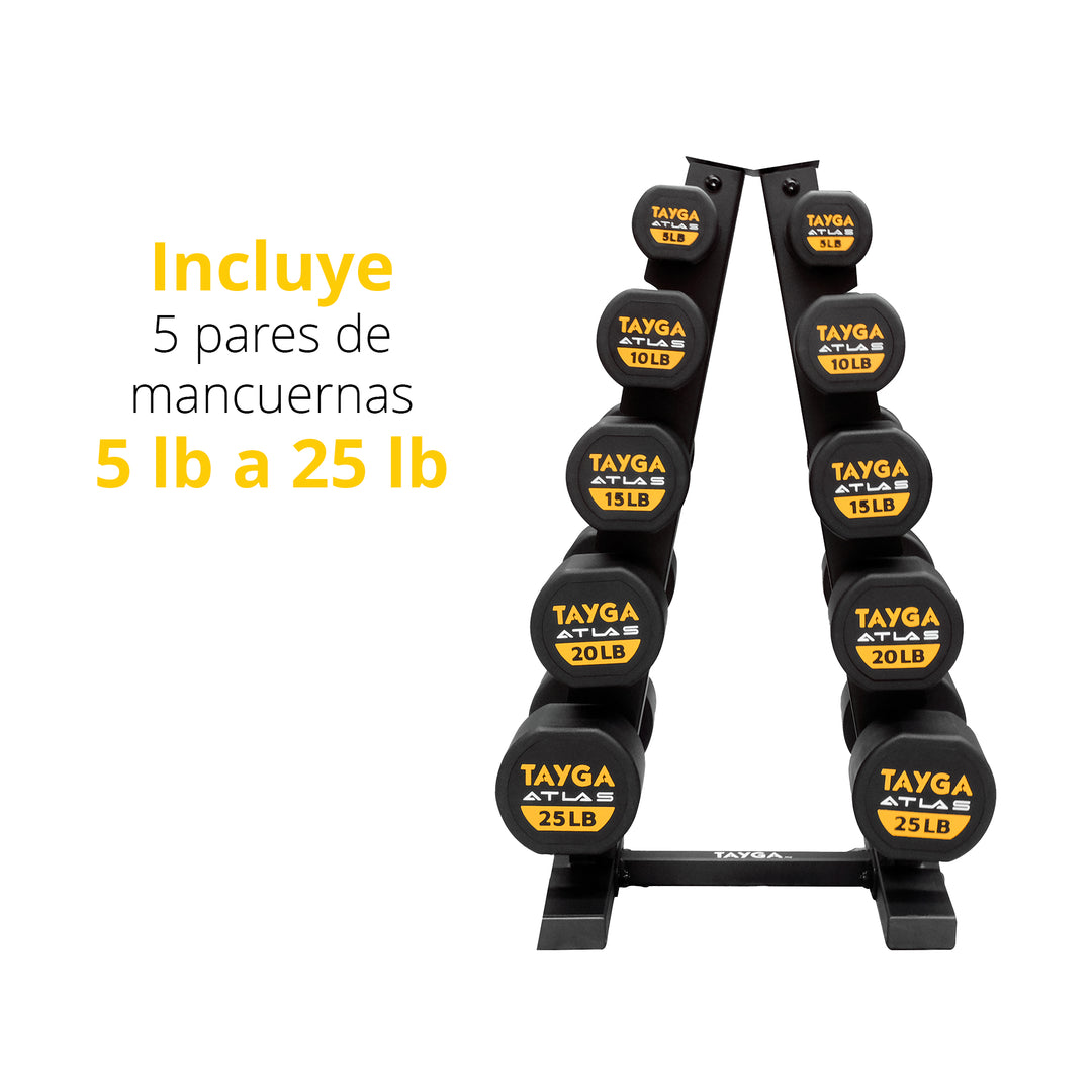 SET DE RACK CON 5 PARES DE MANCUERNAS ATLAS DE 5 A 25 LB