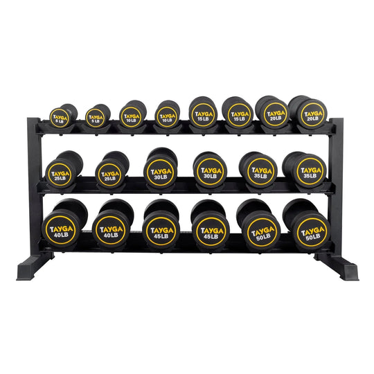 Set de Rack con 10 pares de mancuernas redondas de 5 a 50 lb. negro/amarillas
