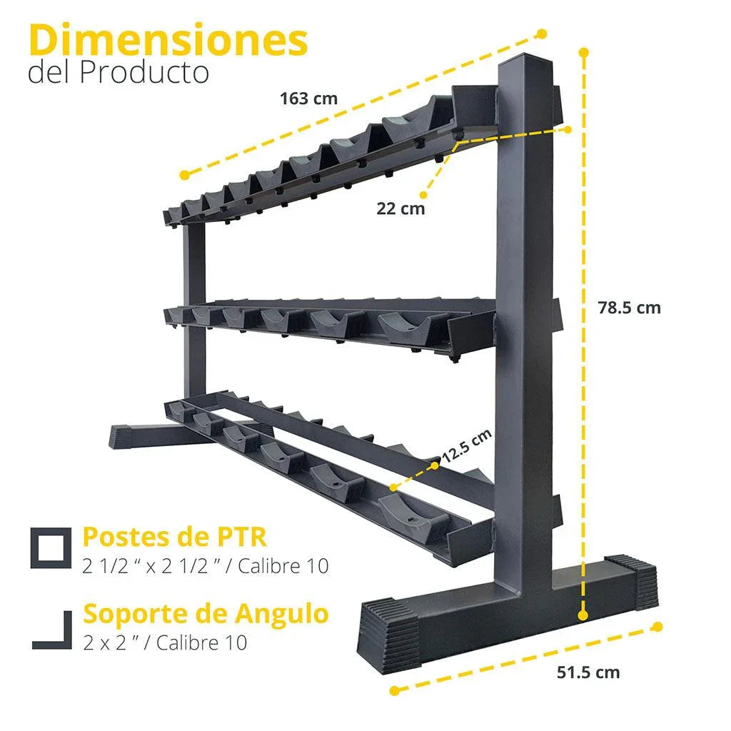 SET DE RACK CON 10 PARES DE MANCUERNAS PREMIUM DE 2.5 A 25 KG – Tayga