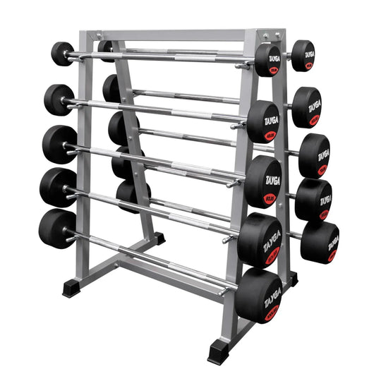 SET DE 10 BARRAS RECTAS DE 20 A 110 LB Y RACK GRIS