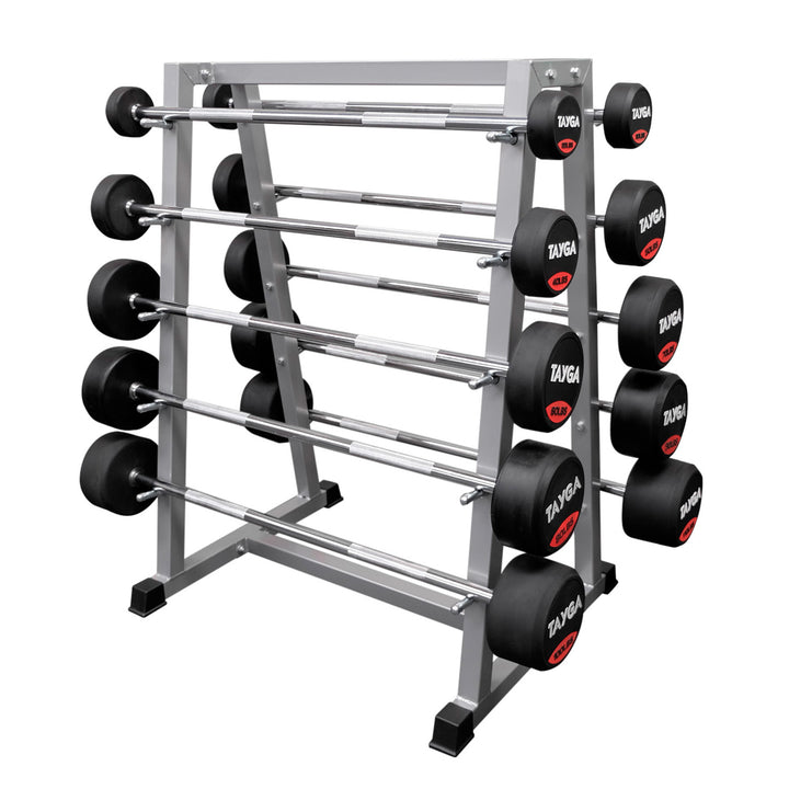 SET DE 10 BARRAS RECTAS DE 20 A 110 LB Y RACK GRIS