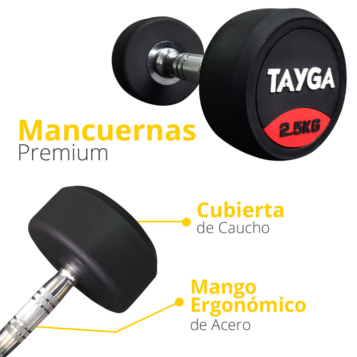 SET DE RACK CON 10 PARES DE MANCUERNAS PREMIUM DE 2.5 A 25 KG