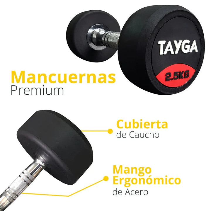 SET DE RACK CON 15 PARES DE MANCUERNAS PREMIUM DE 2.5 A 37.5 KG